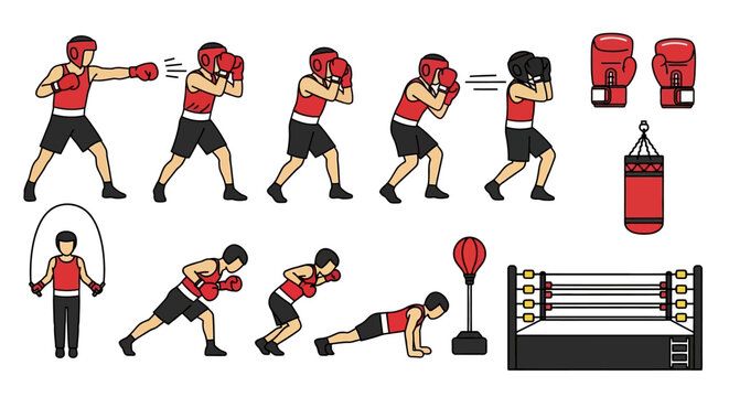 Boxer Training Sequence Showing Punches Jump Rope Exercises Punching Bag and Boxing Ring Elements for Sports Fitness and Combat Training Concepts