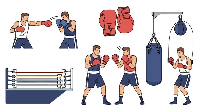Athletic individuals engaging in boxing activities and training equipment in a sports setting representing combat sports discipline and physical