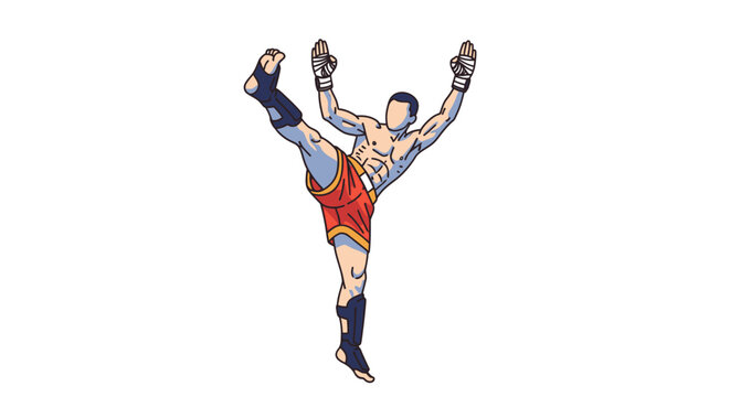 Martial artist performing a dynamic kick with arms raised against a white background demonstrating athletic movement and combat training