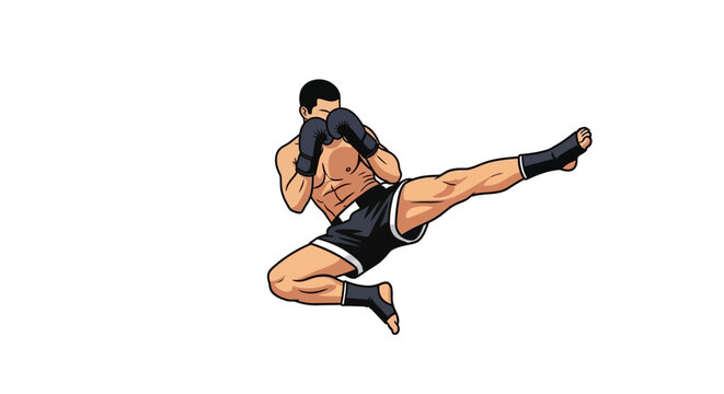 Athlete performing a dynamic martial arts kick in mid air during a combat sports competition training session demonstrating athletic skill and power