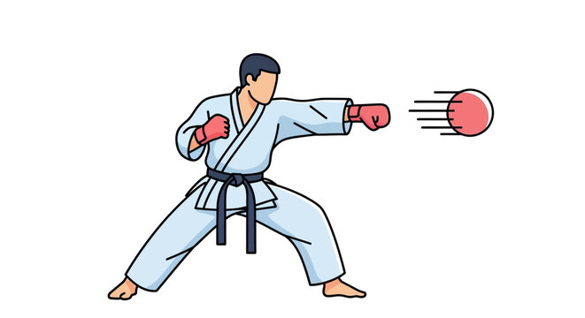 Martial arts athlete in traditional uniform performs offensive punch with red impact target in motion illustration