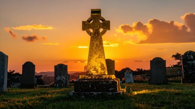 A cemetery with a central Celtic cross and gravestones under an orange sunset