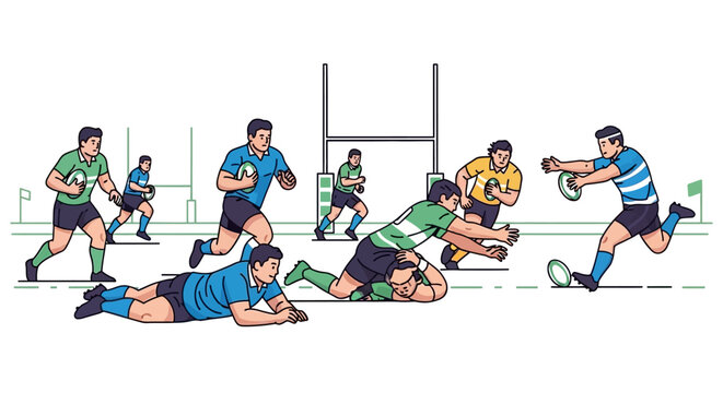 Athletes compete fiercely in a dynamic rugby match illustration showing a critical play near the goal posts with players in action on the field