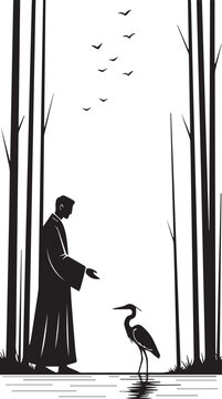 Peaceful monk silhouette feeding heron bird in bamboo forest landscape with birds flying in sky and water reflection on ground
