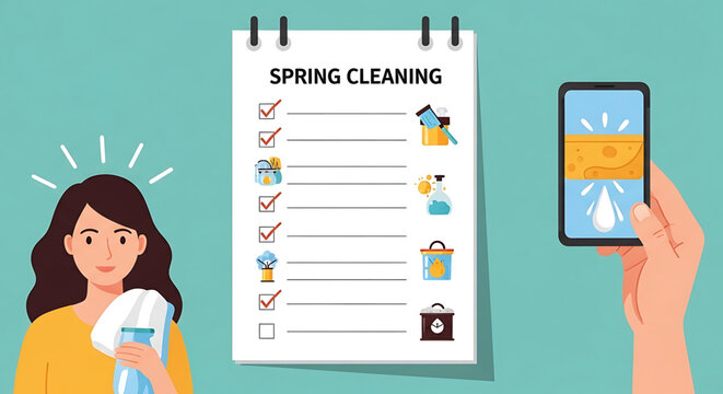 A woman holding a cleaning spray and a checklist for spring cleaning next to a hand holding a smartphone with a money transfer on the screen.