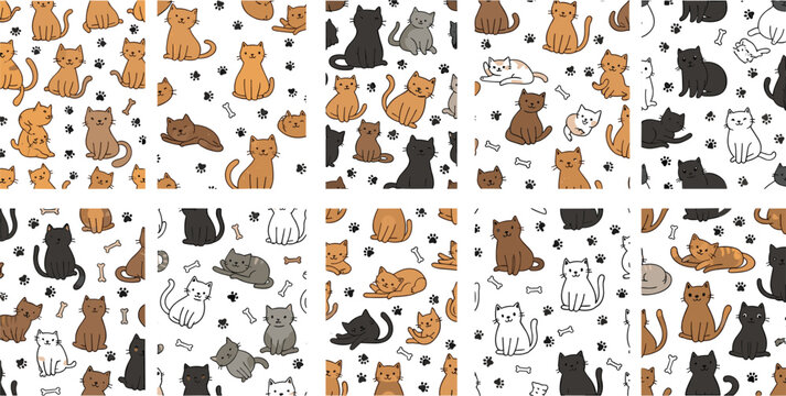 Cute cats seamless pattern set with different breeds poses and colors, adorable kitten doodle background collection for textile and wrapping design