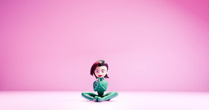 Cartoon human character doing yoga on pink background. 3d render video.