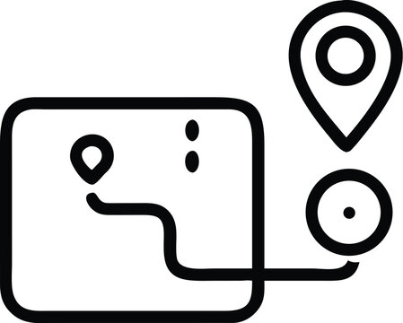 A simple black and white line drawing depicts a map with location pins representing navigation and geospatial data high quality professional detailed modern elegant stylish clean