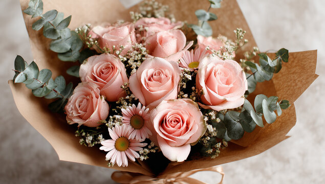 Eleganter Blumenstrau&szlig; mit rosa Rosen und Eukalyptus 