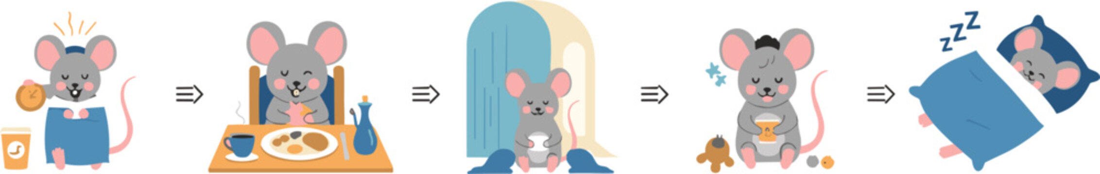 Cute mouse daily routine sequence from waking eating resting and sleeping, adorable cartoon animal life cycle flat vector illustration