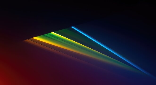 Dynamic interplay of light and optical distortion creating vibrant spectral shifts and complex geometric abstract patterns on a surface, wave, ethereal, colorful