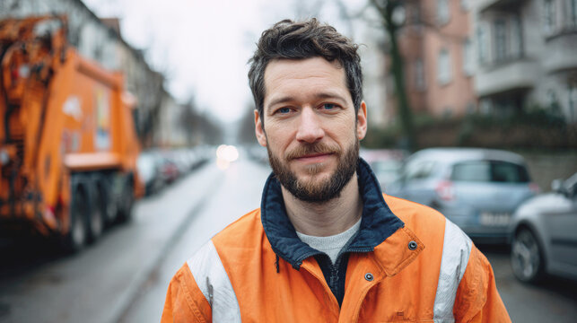 Portrait of a smiling sanitation worker in orange uniform standing on urban street near garbage truck, representing waste management, city service and manual labor.