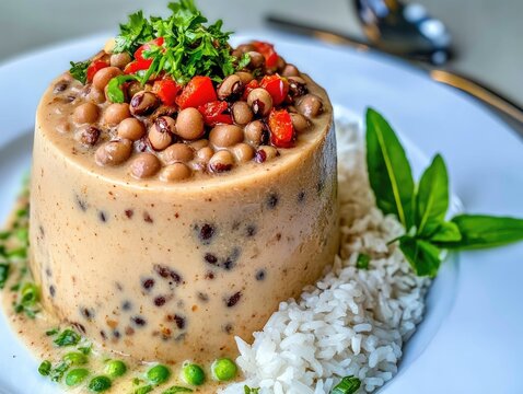 Nigerian moi moi steamed bean pudding served with rice, garnished with chopped vegetables and herbs on a white plate with a spoon in the background