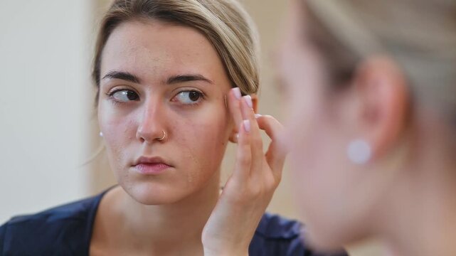 A woman applies a skincare product in front of a mirror, focusing on her face. This footage captures personal grooming and skincare routines, suitable for beauty and wellness content