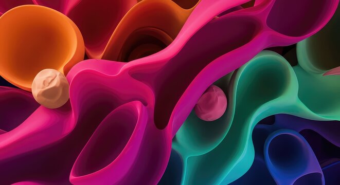 Intense, vibrant color field composition blending complex geometric and organic forms in a dynamic, non-objective pattern, pure, organic, color