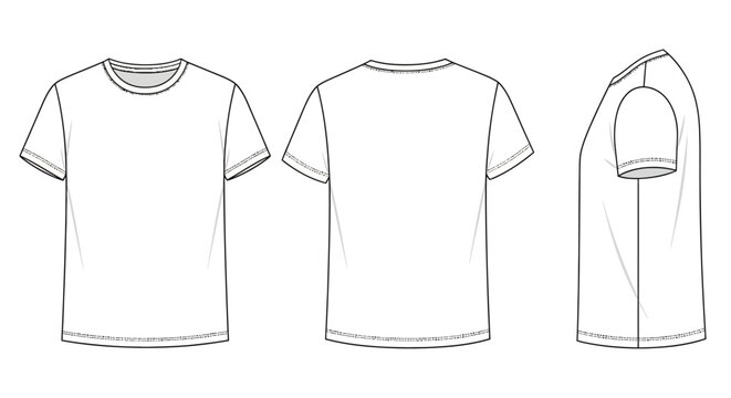 Set of white t-shirt outlines from front, back, and side views for fashion design and apparel mockups