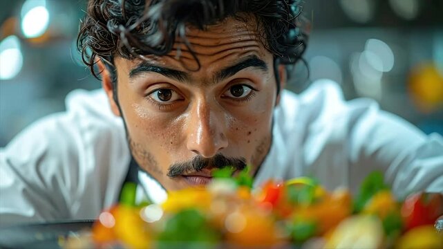 Close-up of a chef intensely focused on a dish of colorful vegetables. Steamy kitchen backdrop