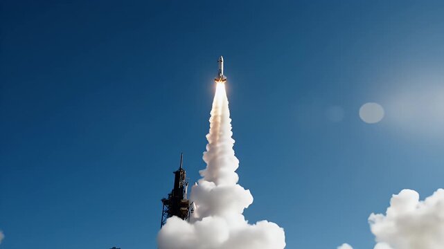Rocket Launch Against Blue Sky - A powerful rocket is shown ascending against a clear blue sky, with exhaust plumes and a smoke trail billowing beneath it.
