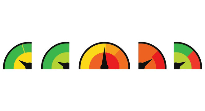 Set of vibrant gauge icons illustrating different measurement levels, from optimal to critical, perfect for representing performance metrics, risk, and status in digital dashboards and infographics