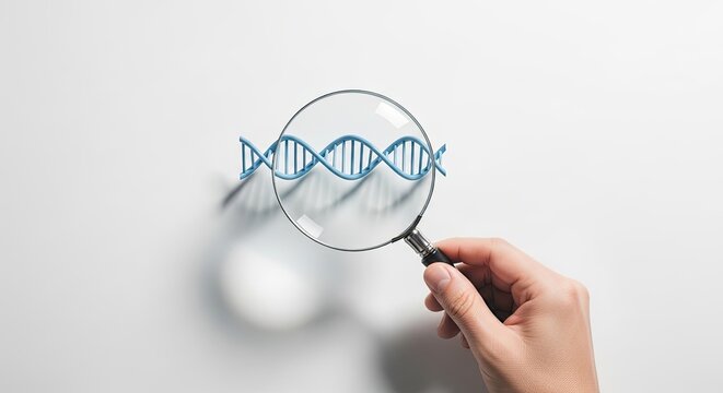 Hand holding magnifying glass over blue d n a strand on white background