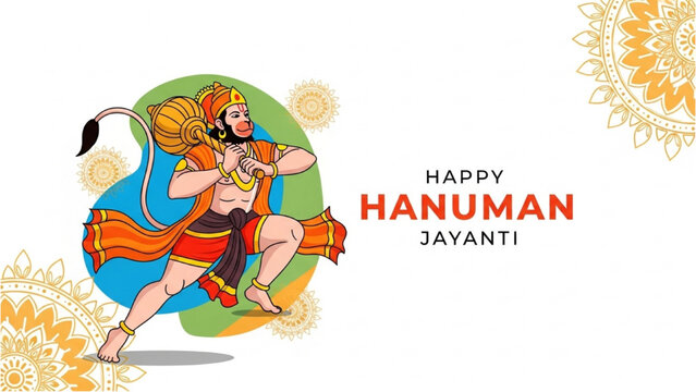 A vibrant illustration of Hanuman dancing energetically outdoors with festive decorations.