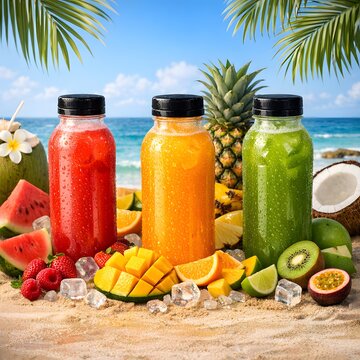 Vibrant summer beach scene with three natural fruit juice bottles surrounded by fresh tropical fruits, ice cubes, and ocean backdrop. Perfect for seasonal beverage promotions.