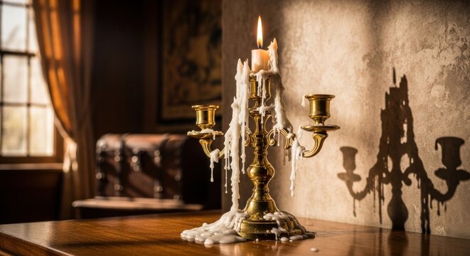 A Gleaming Brass Candlestick Ablaze with Dripping Wax and Melted Icicle-like Formations Casting Warm Light