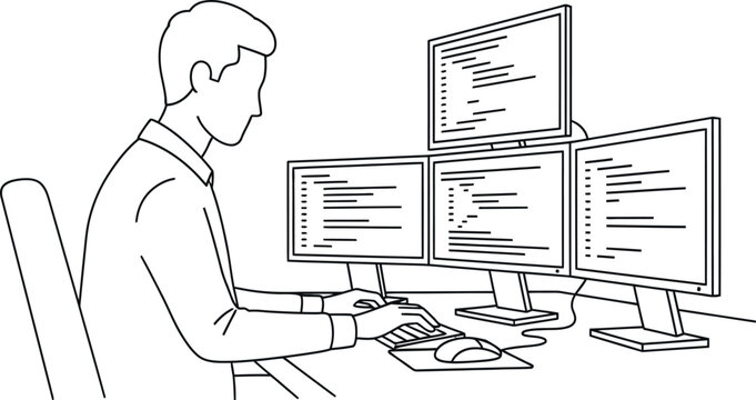 Man sitting at desk working on computer with multiple monitors