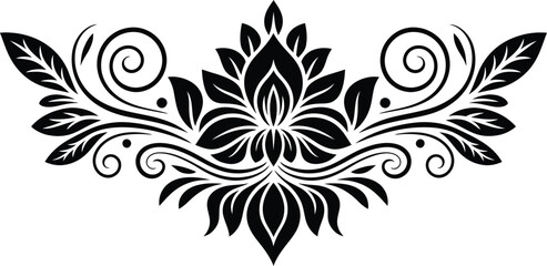 Fototapeta premium Symmetrical Ornamental Lotus Flower Vector with Elegant Swirling Vines and Decorative Leaf Motifs for Tattoo, Graphic Design, and Architectural Embellishment
