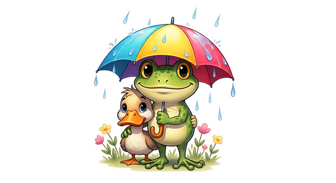 A colorful illustration of a frog and duckling sharing a rainbow umbrella on a rainy day