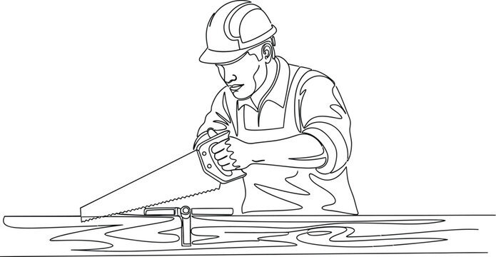Man in hard hat using a handsaw to cut through a plank