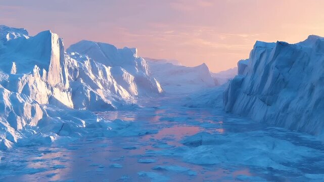 Winter season adventure exploration. A vivid depiction of a vast, icy landscape at sunset. The sky is painted in soft hues of pink, orange, and purple, with wispy clouds scattered across the horizon.