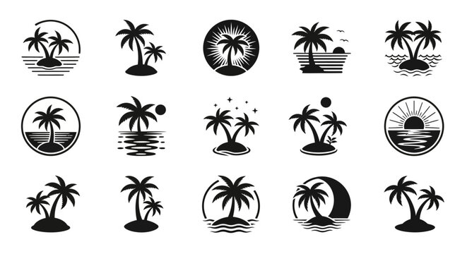A versatile concept collection of vector illustrations depicting tropical palm trees on serene islands, suitable for elegant logo designs and beach-themed branding