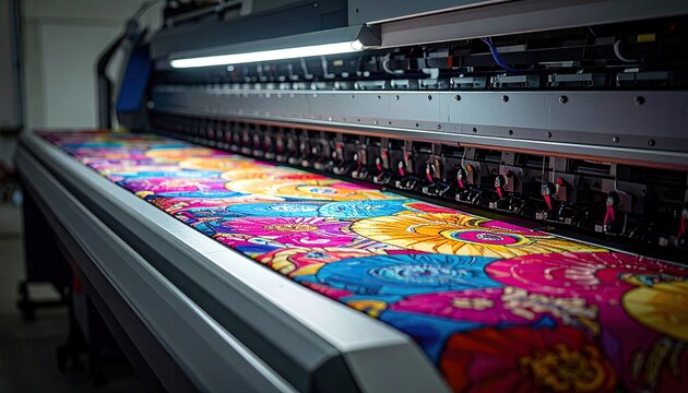Large format inkjet printer producing colorful textile print with vibrant abstract pattern for commercial usage and product design