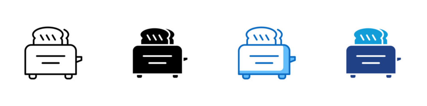 Toaster Multiple Style Icon Design Vector - Toaster with bread slices representing breakfast preparation, kitchen appliance, and food heating