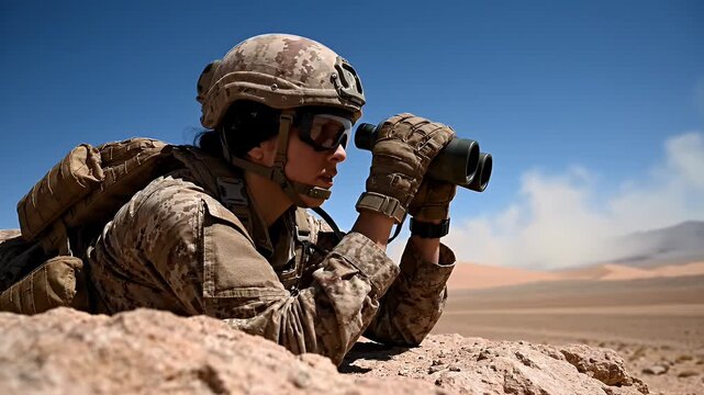 Soldier with Binoculars in Desert Landscape - A soldier wearing camouflage gear and a helmet lies prone on rocks, using binoculars to scan a desert landscape.