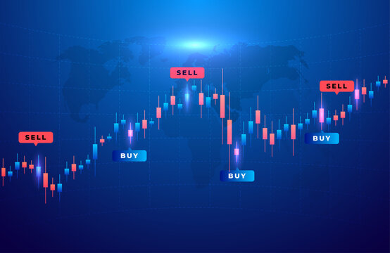 Glowing stock market candlestick chart with buy and sell signals over a world map background.
