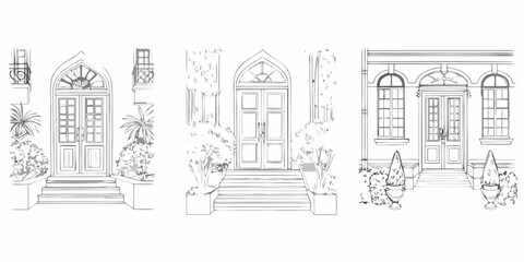 Obraz premium Sketch of three ornate doorways with foliage and architectural details