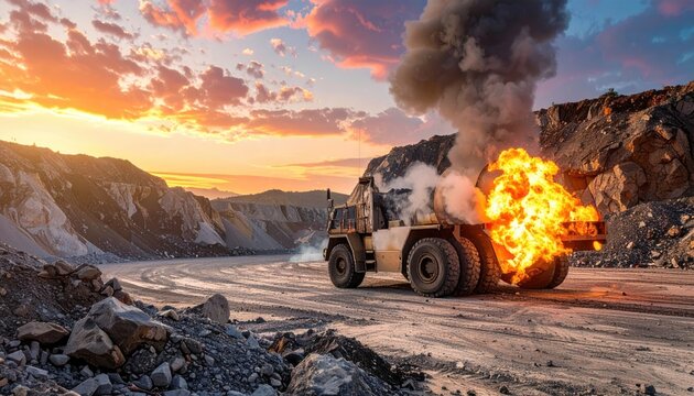 Mining dump truck engulfed in bright orange flames and thick black smoke at an industrial quarry during dramatic sunset