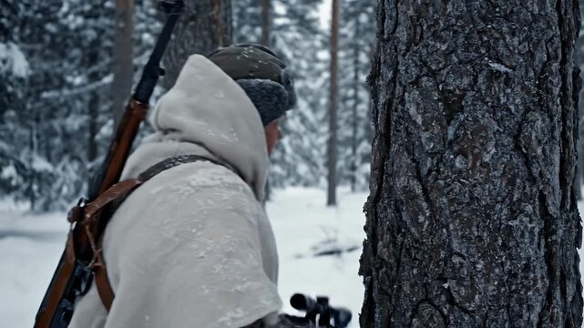 Soldier in Winter Camouflage - A Red Army soldier wearing winter camouflage and a ushanka walks through a snow-covered pine forest.