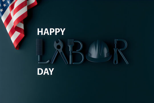 A creative 3d representation of the word labor using various construction tools on dark background