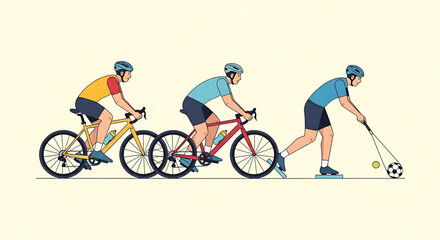 Fototapeta premium A vector graphic illustration of three athletes engaging in different sports activities, cycling and hockey, in a flat and minimal design style.