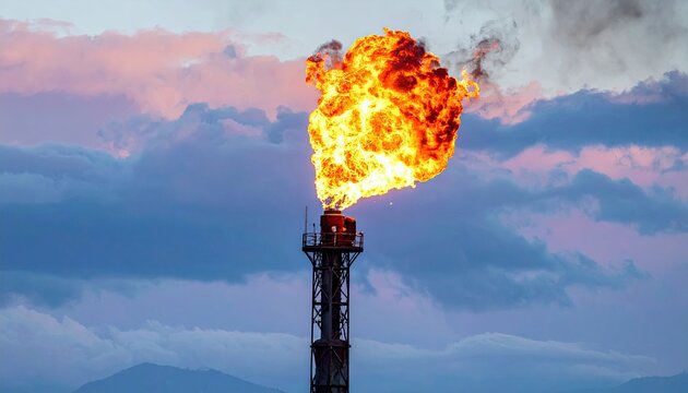Oil refinery gas flare burns brightly against a dusk sky; industrial technology with pollution and waste concept; burning fuel fire and smoke