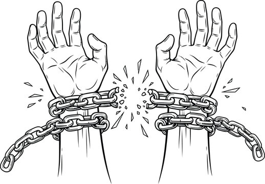 Hands breaking free from heavy metal chains in a powerful motion