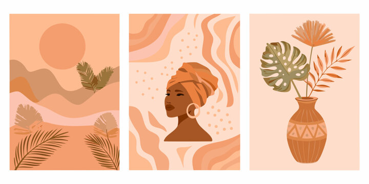Abstract botanical illustrations with a woman s profile in earthy tones