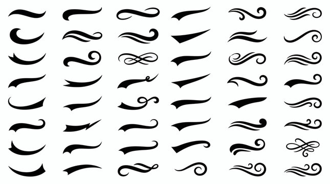 Large set of various black swish tails and curved swooshes decorative elements isolated on white background, concept for sports branding, athletic logo design and typography decorations