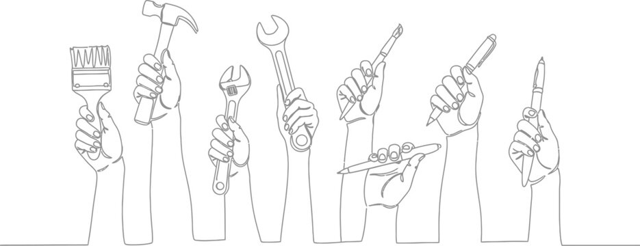 Hands holding various tools for different jobs and tasks precisely