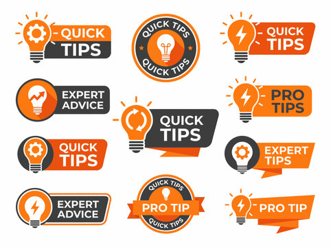 Collection of modern orange and black badges with lightbulb icons for quick tips and expert advice on white background, concept for tutorial marketing, educational blogging and creative content