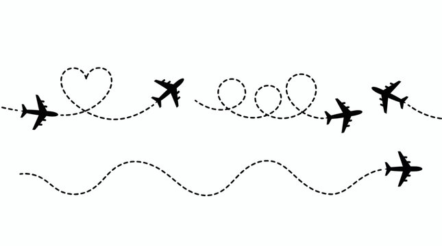 Black airplane silhouettes flying with dotted line paths forming heart and loop shapes on white background, concept for travel agency marketing, flight path tracking and airline vacation promotion