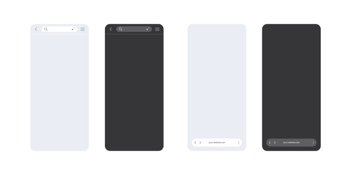 Mobile browser interface set in light and dark mode with different search line and browser icons. Generic phone screen window, outline page bar with smartphone frame icon.